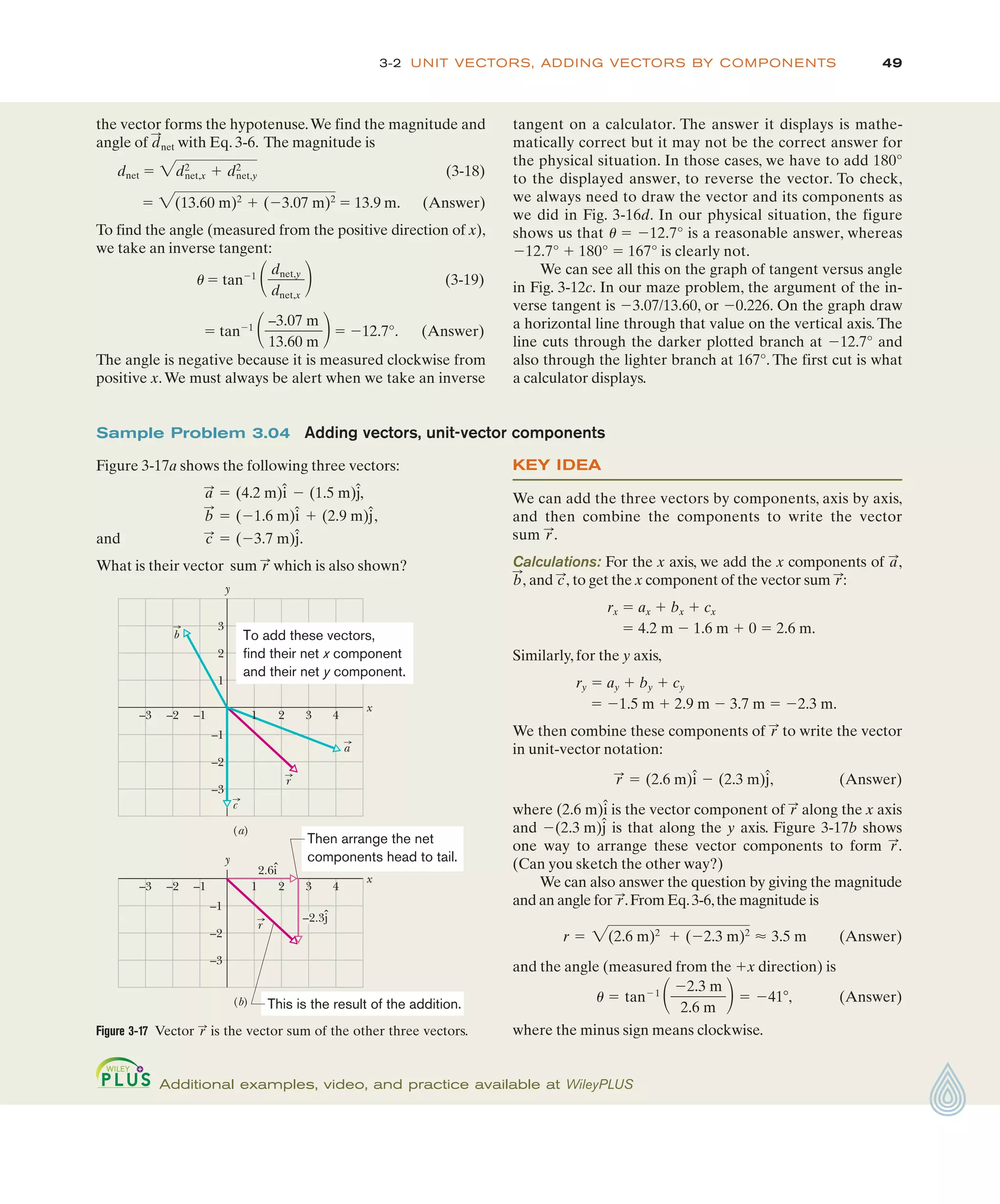 49
the vector forms the hypotenuse.We find the magnitude and
angle of net with Eq. 3-6. The magnitude is
dnet " (3-18)
" " 13.9 m. (Answer)
To find the angle (measured from the positive direction of x),
we take an inverse tangent:
1 " tan$1
(3-19)
" tan$1
" $12.7°. (Answer)
The angle is negative because it is measured clockwise from
positive x.We must always be alert when we take an inverse
#–3.07 m
13.60 m $
#dnet,y
dnet,x
$
2(13.60 m)2
# ($3.07 m)2
2d2
net,x # d2
net,y
d
:
tangent on a calculator. The answer it displays is mathe-
matically correct but it may not be the correct answer for
the physical situation. In those cases, we have to add 180°
to the displayed answer, to reverse the vector. To check,
we always need to draw the vector and its components as
we did in Fig. 3-16d. In our physical situation, the figure
shows us that 1 " $12.7° is a reasonable answer, whereas
$12.7° # 180° " 167° is clearly not.
We can see all this on the graph of tangent versus angle
in Fig. 3-12c. In our maze problem, the argument of the in-
verse tangent is $3.07/13.60, or $0.226. On the graph draw
a horizontal line through that value on the vertical axis.The
line cuts through the darker plotted branch at $12.7° and
also through the lighter branch at 167°. The first cut is what
a calculator displays.
3-2 UNIT VECTORS, ADDING VECTORS BY COMPONENTS
KEY IDEA
We can add the three vectors by components, axis by axis,
and then combine the components to write the vector
sum .
Calculations: For the x axis, we add the x components of
and to get the x component of the vector sum :
rx " ax # bx # cx
" 4.2 m $ 1.6 m # 0 " 2.6 m.
Similarly, for the y axis,
ry " ay # by # cy
" $1.5 m # 2.9 m $ 3.7 m " $2.3 m.
We then combine these components of to write the vector
in unit-vector notation:
(Answer)
where (2.6 m)î is the vector component of along the x axis
and (2.3 m)ĵ is that along the y axis. Figure 3-17b shows
one way to arrange these vector components to form .
(Can you sketch the other way?)
We can also answer the question by giving the magnitude
and an angle for .From Eq.3-6,the magnitude is
(Answer)
and the angle (measured from the #x direction) is
(Answer)
where the minus sign means clockwise.
1 " tan$1
#$2.3 m
2.6 m $" $413,
r " 2(2.6 m)2
# ($2.3 m)2
% 3.5 m
r
:
r
:
$
r
:
r
:
" (2.6 m)î $ (2.3 m)ĵ,
r
:
r
:
c
:
,
b
:
,
a
:
,
r
:
Sample Problem 3.04 Adding vectors, unit-vector components
Figure 3-17a shows the following three vectors:
and
What is their vector sum which is also shown?
r
:
c
:
" ($3.7 m)ĵ.
b
:
" ($1.6 m)î # (2.9 m)ĵ,
a
:
" (4.2 m)î $ (1.5 m)ĵ,
Additional examples, video, and practice available at WileyPLUS
x
y
–1 3 4
–2
–3 2
–3
–2
–1
1
x
y
–1 3 4
–2
–3 2
–3
–2
–1
2
3
1
1
(a)
2.6i
(b)
r
r
a
c
b
ˆ
–2.3ĵ
To add these vectors,
find their net x component
and their net y component.
Then arrange the net
components head to tail.
This is the result of the addition.
Figure 3-17 Vector is the vector sum of the other three vectors.
r
:
 
