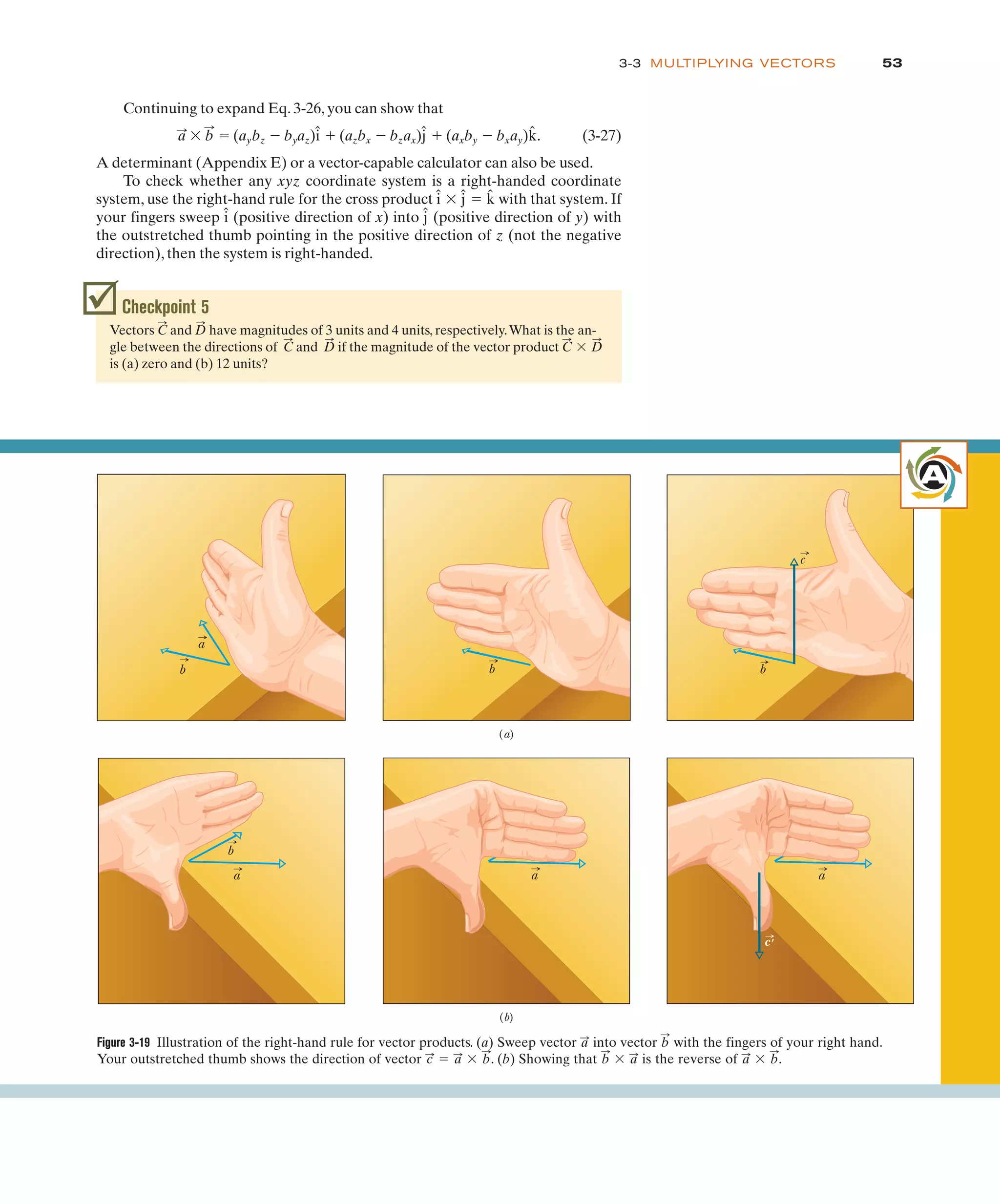53
3-3 MULTIPLYING VECTORS
Continuing to expand Eq. 3-26, you can show that
' " (aybz $ byaz) # (azbx $ bzax) # (axby $ bxay) . (3-27)
A determinant (Appendix E) or a vector-capable calculator can also be used.
To check whether any xyz coordinate system is a right-handed coordinate
system, use the right-hand rule for the cross product ' " with that system. If
your fingers sweep (positive direction of x) into (positive direction of y) with
the outstretched thumb pointing in the positive direction of z (not the negative
direction), then the system is right-handed.
ĵ
î
k̂
ĵ
î
k̂
ĵ
î
b
:
a
:
Checkpoint 5
Vectors and have magnitudes of 3 units and 4 units, respectively.What is the an-
gle between the directions of and if the magnitude of the vector product
is (a) zero and (b) 12 units?
D
:
C
:
'
D
:
C
:
D
:
C
:
Figure 3-19 Illustration of the right-hand rule for vector products. (a) Sweep vector into vector with the fingers of your right hand.
Your outstretched thumb shows the direction of vector . (b) Showing that is the reverse of .
a
:
' b
:
b
:
' a
:
c
:
" a
:
' b
:
b
:
a
:
a
b b b
c
a
b
a a
(a)
(b)
c#
A
 