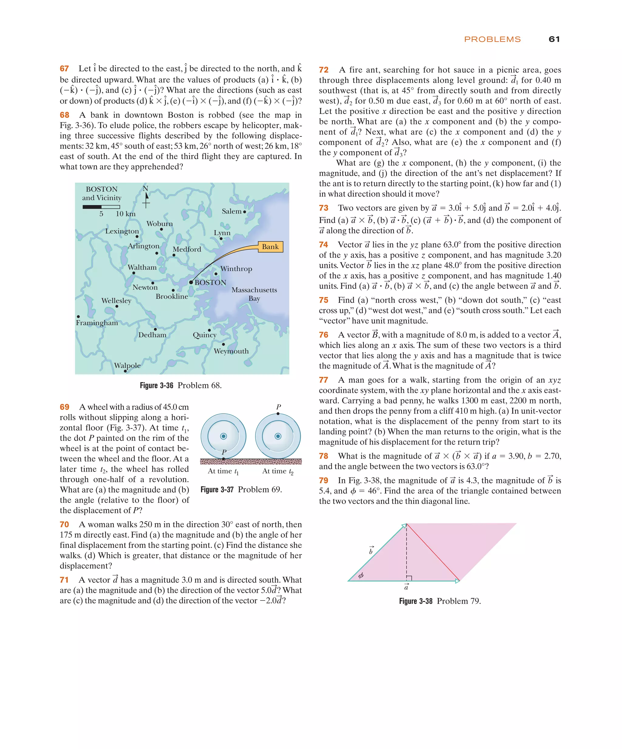 61
PROBLEMS
67 Let be directed to the east, be directed to the north, and k̂
ĵ
î 72 A fire ant, searching for hot sauce in a picnic area, goes
through three displacements along level ground: l for 0.40 m
southwest (that is, at 45° from directly south and from directly
west), 2 for 0.50 m due east, 3 for 0.60 m at 60° north of east.
Let the positive x direction be east and the positive y direction
be north. What are (a) the x component and (b) the y compo-
nent of l? Next, what are (c) the x component and (d) the y
component of 2? Also, what are (e) the x component and (f)
the y component of 3?
What are (g) the x component, (h) the y component, (i) the
magnitude, and (j) the direction of the ant’s net displacement? If
the ant is to return directly to the starting point, (k) how far and (1)
in what direction should it move?
73 Two vectors are given by " 3.0 # 5.0 and " 2.0 # 4.0 .
ĵ
î
b
:
ĵ
î
a
:
d
:
d
:
d
:
d
:
d
:
d
:
a
b
f
Figure 3-38 Problem 79.
BOSTON
and Vicinity
Wellesley
Waltham
Brookline
Newton
Arlington
Lexington
Woburn
Medford
Lynn
Salem
Quincy
5 10 km
BOSTON
Massachusetts
Bay
Bank
Walpole
Framingham
Weymouth
Dedham
Winthrop
N
Figure 3-36 Problem 68.
be directed upward. What are the values of products (a) " , (b)
($ ) " ($ ), and (c) " ($ )? What are the directions (such as east
ĵ
ĵ
ĵ
k̂
k̂
î
or down) of products (d) ' ,(e) ($ ) ' ($ ),and (f) ($ ) ' ($ )?
68 A bank in downtown Boston is robbed (see the map in
Fig. 3-36). To elude police, the robbers escape by helicopter, mak-
ing three successive flights described by the following displace-
ments: 32 km, 45° south of east; 53 km, 26° north of west; 26 km, 18°
east of south. At the end of the third flight they are captured. In
what town are they apprehended?
ĵ
k̂
ĵ
î
ĵ
k̂
69 A wheel with a radius of 45.0 cm
rolls without slipping along a hori-
zontal floor (Fig. 3-37). At time t1,
the dot P painted on the rim of the
wheel is at the point of contact be-
tween the wheel and the floor. At a
later time t2, the wheel has rolled
through one-half of a revolution.
What are (a) the magnitude and (b)
the angle (relative to the floor) of
the displacement of P?
70 A woman walks 250 m in the direction 30° east of north, then
175 m directly east. Find (a) the magnitude and (b) the angle of her
final displacement from the starting point. (c) Find the distance she
walks. (d) Which is greater, that distance or the magnitude of her
displacement?
71 A vector has a magnitude 3.0 m and is directed south. What
are (a) the magnitude and (b) the direction of the vector 5.0 ? What
are (c) the magnitude and (d) the direction of the vector $2.0 ?
d
:
d
:
d
:
P
At time t1 At time t2
P
Figure 3-37 Problem 69.
Find (a) ' , (b) , (c) , and (d) the component of
along the direction of .
74 Vector lies in the yz plane 63.03 from the positive direction
of the y axis, has a positive z component, and has magnitude 3.20
units.Vector lies in the xz plane 48.03 from the positive direction
of the x axis, has a positive z component, and has magnitude 1.40
units. Find (a) " , (b) ' , and (c) the angle between and .
75 Find (a) “north cross west,” (b) “down dot south,” (c) “east
cross up,” (d) “west dot west,” and (e) “south cross south.” Let each
“vector” have unit magnitude.
76 A vector , with a magnitude of 8.0 m, is added to a vector ,
which lies along an x axis. The sum of these two vectors is a third
vector that lies along the y axis and has a magnitude that is twice
the magnitude of .What is the magnitude of ?
77 A man goes for a walk, starting from the origin of an xyz
coordinate system, with the xy plane horizontal and the x axis east-
ward. Carrying a bad penny, he walks 1300 m east, 2200 m north,
and then drops the penny from a cliff 410 m high. (a) In unit-vector
notation, what is the displacement of the penny from start to its
landing point? (b) When the man returns to the origin, what is the
magnitude of his displacement for the return trip?
78 What is the magnitude of ' ( ' ) if a " 3.90, b " 2.70,
and the angle between the two vectors is 63.0°?
79 In Fig. 3-38, the magnitude of is 4.3, the magnitude of is
5.4, and 4 " 46°. Find the area of the triangle contained between
the two vectors and the thin diagonal line.
b
:
a
:
a
:
b
:
a
:
A
:
A
:
A
:
B
:
b
:
a
:
b
:
a
:
b
:
a
:
b
:
a
:
b
:
a
:
" b
:
(a
:
# b
:
)
a
:
" b
:
b
:
a
:
 