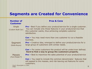 Ziya G. Boyacigiller (c) 2005
EMBA 6
Segments are Created for Convenience
Number of
Customer
Pros & Cons
Single
(Custom Built Car)
Pro - Best if you define your product/service for a single customer.
You can include only those features in your product/service that
this customer wants, thus achieving complete customer
satisfaction.
Con – You may need more than one customer to run a feasible
business.
Segment
(Rolls-Royce)
Pro – Creative idea, emerged to define your product/service for a
large group of customers with similar needs.
Con – For some customers the product will be under/over defined.
Hard to find a way to group the customers properly.
Masses
(Ford Model-T)
Pro – Best to maximize the sales potential of your product/service
Con – You need to include the common denominator features that
will appeal to the masses, and risk leaving out features for some
customers.
 