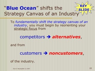 Ziya G. Boyacigiller (c) 2007 22
“Blue Ocean” shifts the
Strategy Canvas of an Industry
To fundamentally shift the strategy canvas of an
industry, you must begin by reorienting your
strategic focus from
competitors  alternatives,
and from
customers  noncustomers,
of the industry.
KEY
SLIDE
KEY
SLIDE
 