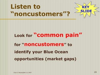 Ziya G. Boyacigiller (c) 2007 24
Listen to
“noncustomers”?
Look for “common pain”
for “noncustomers” to
identify your Blue Ocean
opportunities (market gaps)
KEY
SLIDE
KEY
SLIDE
 