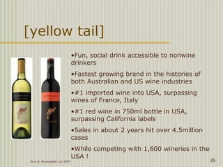 Ziya G. Boyacigiller (c) 2007 35
[yellow tail]
•Fun, social drink accessible to nonwine
drinkers
•Fastest growing brand in the histories of
both Australian and US wine industries
•#1 imported wine into USA, surpassing
wines of France, Italy
•#1 red wine in 750ml bottle in USA,
surpassing California labels
•Sales in about 2 years hit over 4.5million
cases
•While competing with 1,600 wineries in the
USA !
 