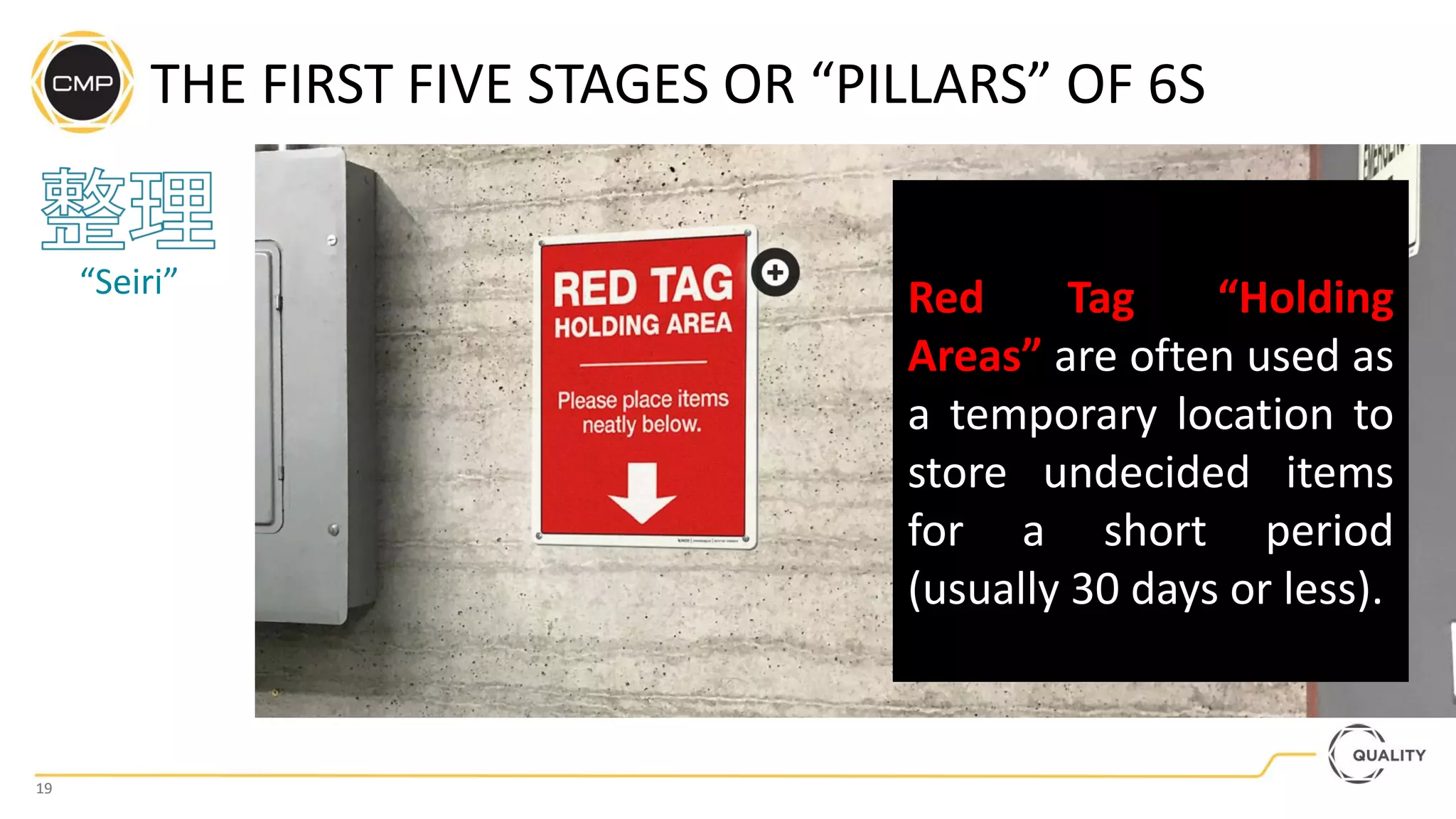 19
19
THE FIRST FIVE STAGES OR “PILLARS” OF 6S
“Seiri” Red Tag “Holding
Areas” are often used as
a temporary location to
store undecided items
for a short period
(usually 30 days or less).
 