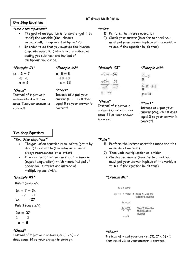 6th Grade Math Notes One Step Equations | PDF