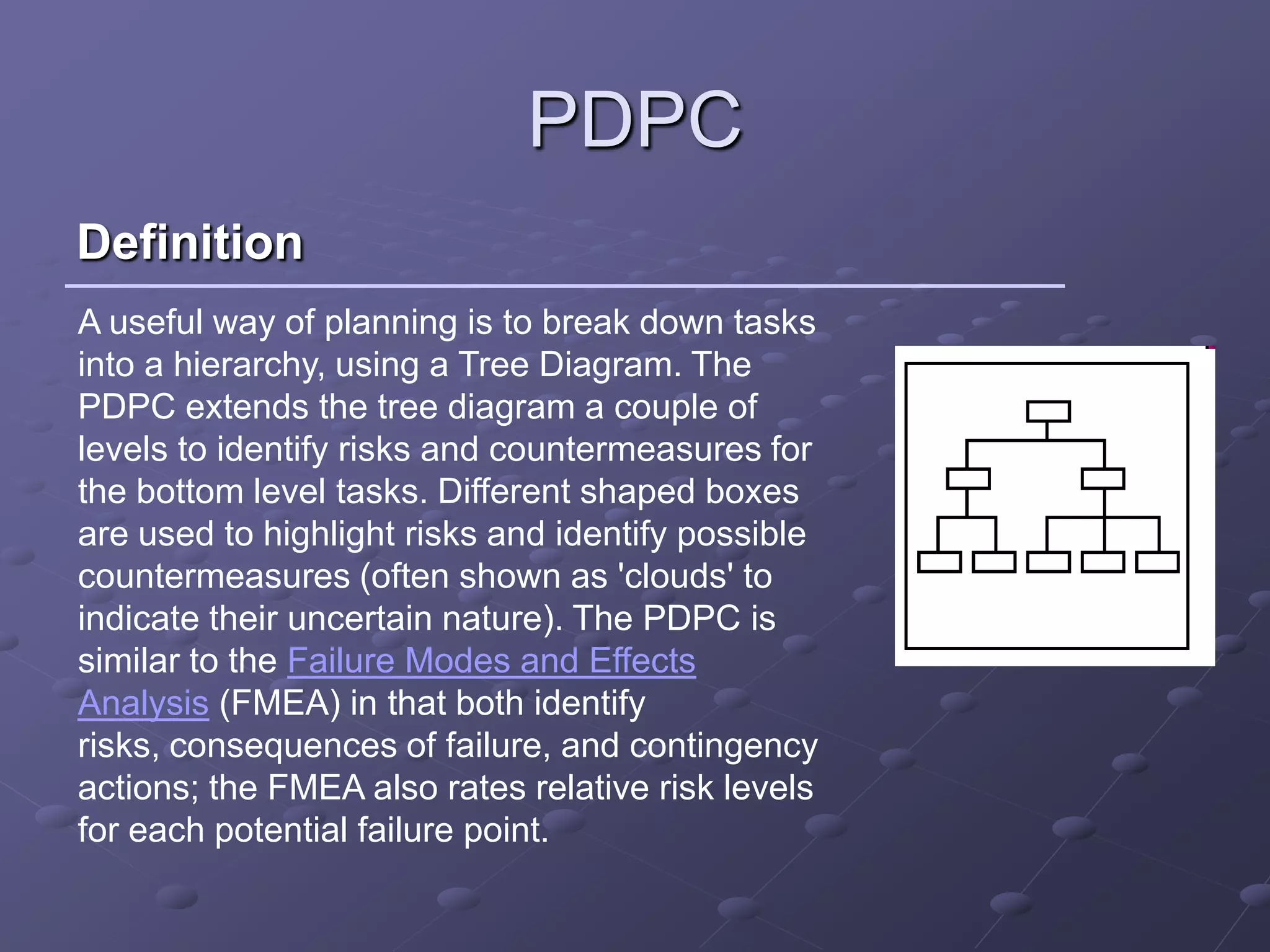 PDPC
Definition
A useful way of planning is to break down tasks
into a hierarchy, using a Tree Diagram. The
PDPC extends the tree diagram a couple of
levels to identify risks and countermeasures for
the bottom level tasks. Different shaped boxes
are used to highlight risks and identify possible
countermeasures (often shown as 'clouds' to
indicate their uncertain nature). The PDPC is
similar to the Failure Modes and Effects
Analysis (FMEA) in that both identify
risks, consequences of failure, and contingency
actions; the FMEA also rates relative risk levels
for each potential failure point.
 
