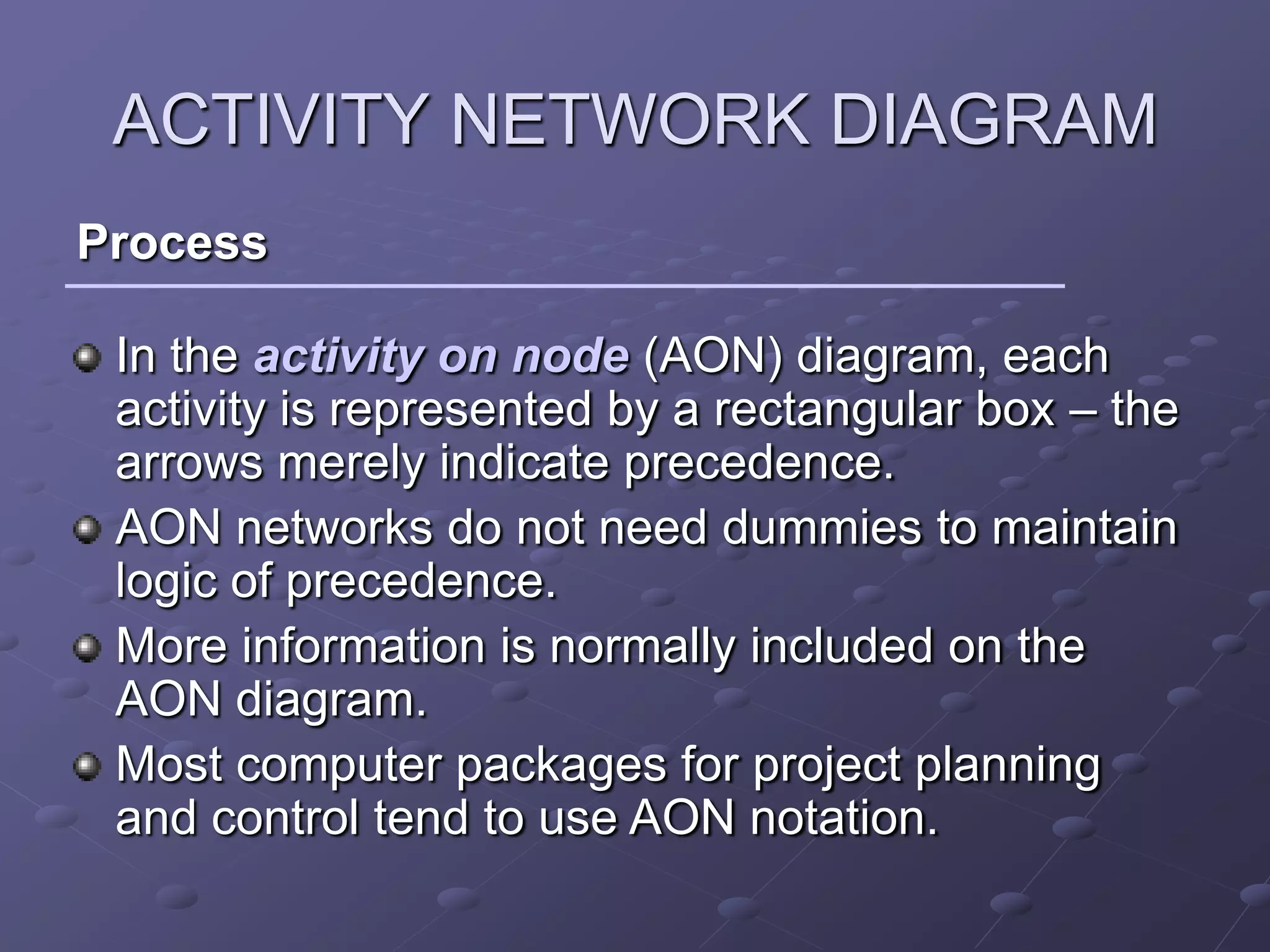 ACTIVITY NETWORK DIAGRAM
Process

 In the activity on node (AON) diagram, each
 activity is represented by a rectangular box – the
 arrows merely indicate precedence.
 AON networks do not need dummies to maintain
 logic of precedence.
 More information is normally included on the
 AON diagram.
 Most computer packages for project planning
 and control tend to use AON notation.
 