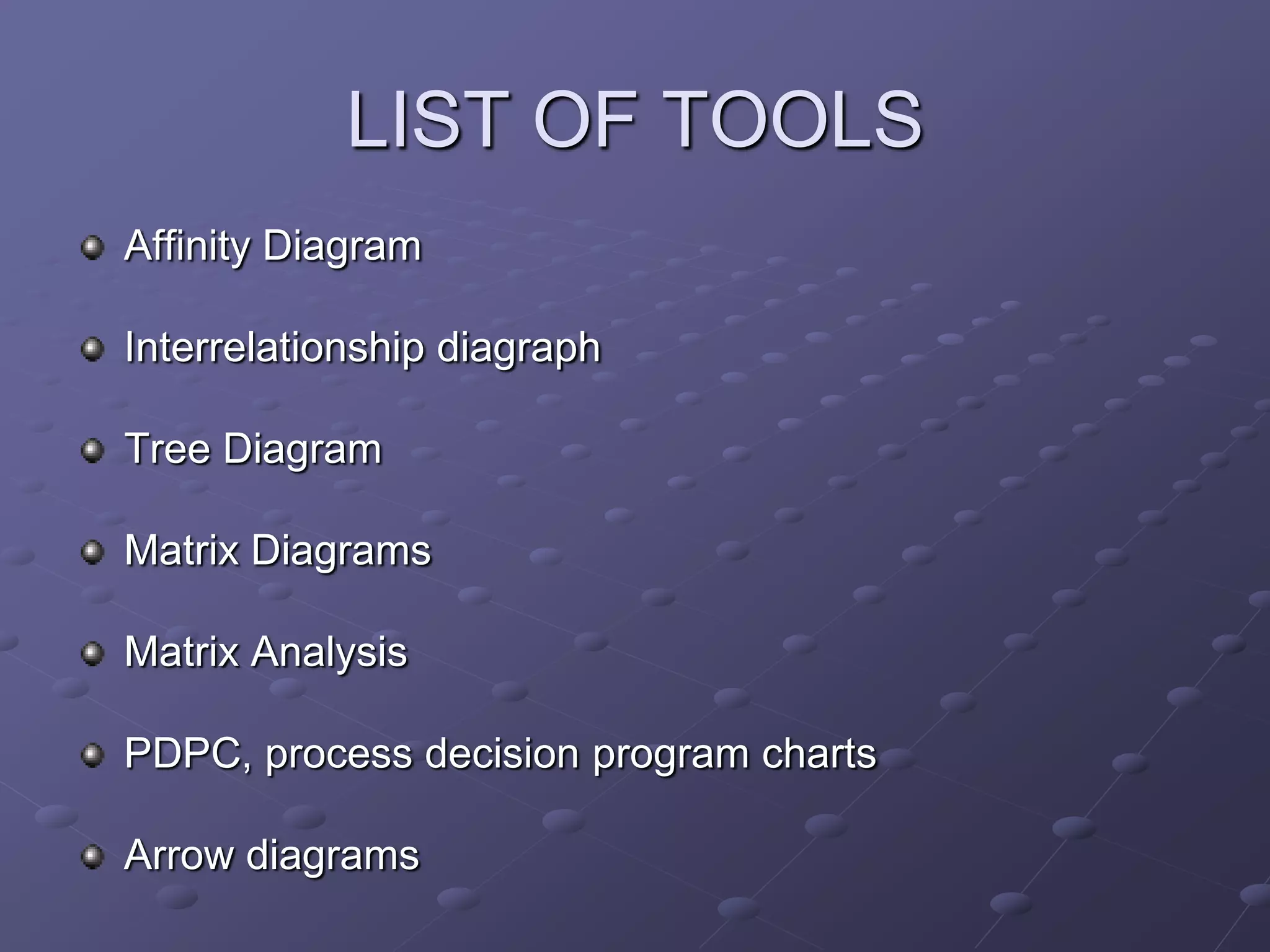 LIST OF TOOLS
Affinity Diagram

Interrelationship diagraph

Tree Diagram

Matrix Diagrams

Matrix Analysis

PDPC, process decision program charts

Arrow diagrams
 