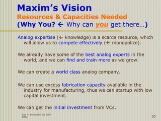 Ziya G. Boyacigiller (c) 2005
EMBA 30
Maxim’s Vision
Resources & Capacities Needed
(Why You?  Why can you get there…)
Analog expertise ( knowledge) is a scarce resource, which
will allow us to compete effectively ( monopolize).
We already have some of the best analog experts in the
world, and we can find and train more as we grow.
We can create a world class analog company.
We can use excess fabrication capacity available in the
industry for manufacturing, thus we can startup with low
capital investment.
We can get the initial investment from VCs.
 