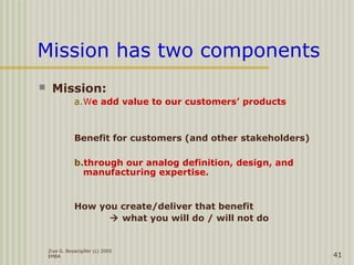 Ziya G. Boyacigiller (c) 2005
EMBA 41
Mission has two components
 Mission:
a.We add value to our customers’ products
Benefit for customers (and other stakeholders)
b.through our analog definition, design, and
manufacturing expertise.
How you create/deliver that benefit
 what you will do / will not do
 