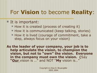 Copyright (c) Ziya G. Boyacigiller
2003, 2004
For Vision to become Reality:
 It is important:
 How it is created (process of creating it)
 How it is communicated (keep talking, stories)
 How it is lived (courage of commitment, take a
step, always focus on your vision)
As the leader of your company, your job is to
help articulate the vision, to champion the
vision, but not to “own” the vision. Everyone
in the company must own the vision. (Say
“Our vision is …” and NOT “My vision is…”
 