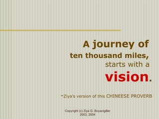 Copyright (c) Ziya G. Boyacigiller
2003, 2004
A journey of
ten thousand miles,
starts with a
vision.
-Ziya’s version of this CHINEESE PROVERB
 