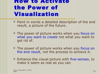 Ziya G. Boyacigiller (c) 2005
EMBA 11
How to Activate
the Power of
Visualization
 Paint in words a detailed description of the end
result, a picture of the future.
 The power of picture works when you focus on
what you want to create not what you want to
get rid of.
 The power of picture works when you focus on
the end result, not the process to achieve it.
 Enhance the visual picture with five-senses, to
make it seem as real as you can
 