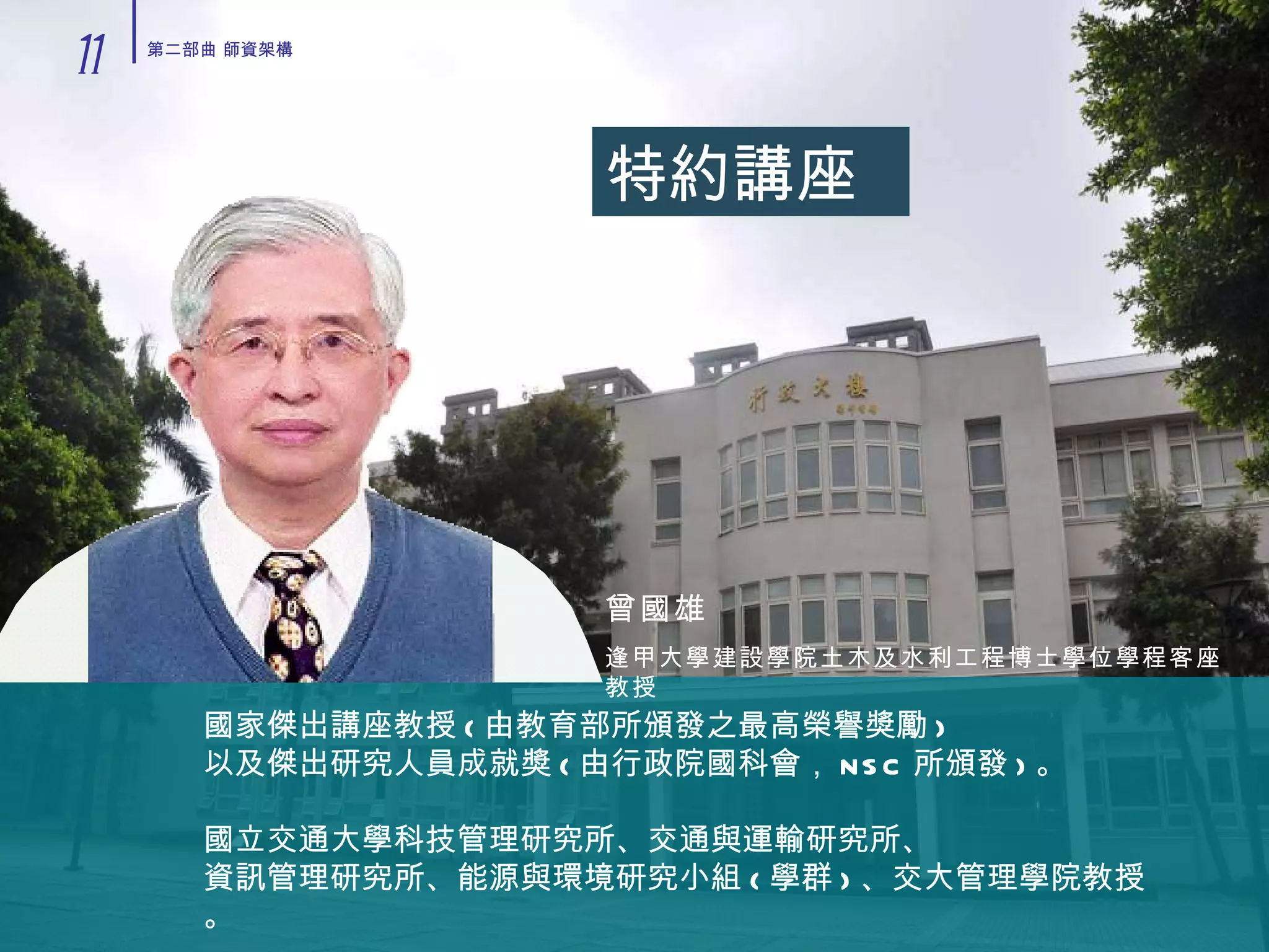 特約講座 曾國雄 逢甲大學建設學院土木及水利工程博士學位學程客座教授 國家傑出講座教授 ( 由教育部所頒發之最高榮譽獎勵 ) 以及傑出研究人員成就獎 ( 由行政院國科會， NSC 所頒發 ) 。 國立交通大學科技管理研究所、交通與運輸研究所、 資訊管理研究所、能源與環境研究小組 ( 學群 ) 、交大管理學院教授。 11 第二部曲 師資架構 
