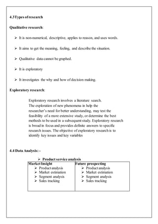 4.3Types ofresearch
Qualitative research:
 It is non-numerical, descriptive, applies to reason, and uses words.
 It aims to get the meaning, feeling, and describe the situation.
 Qualitative data cannot be graphed.
 It is exploratory
 It investigates the why and how of decision making.
Exploratory research:
Exploratory research involves a literature search.
The exploration of new phenomena in help the
researcher’s need for better understanding, may test the
feasibility of a more extensive study, or determine the best
methods to be used in a subsequent study. Exploratory research
is broad in focus and provides definite answers to specific
research issues. The objective of exploratory research is to
identify key issues and key variables
4.4 Data Analysis: -
 Product service analysis
MarketInsight
 Productanalysis
 Market estimation
 Segment analysis
 Sales tracking
Future prospecting
 Productanalysis
 Market estimation
 Segment analysis
 Sales tracking
 