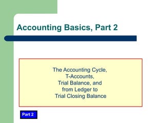 Accounting Basics, Part 2
Part 2
The Accounting Cycle,
T-Accounts,
Trial Balance, and
from Ledger to
Trial Closing Balance
 