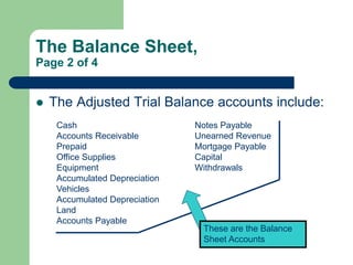 The Balance Sheet,
Page 2 of 4
 The Adjusted Trial Balance accounts include:
Cash
Accounts Receivable
Prepaid
Office Supp...