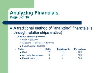 Analyzing Financials,
Page 3 of 16
 A traditional method of “analyzing” financials is
through relationships (ratios)
– Ba...