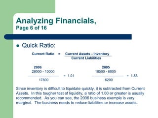 Analyzing Financials,
Page 6 of 16
 Quick Ratio:
Current Ratio = Current Assets - Inventory
Current Liabilities
2006 2005...