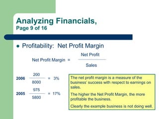 Analyzing Financials,
Page 9 of 16
 Profitability: Net Profit Margin
Net Profit
Net Profit Margin =
Sales
200
2006 = 3%
8...