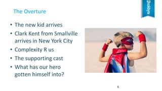 • The new kid arrives
• Clark Kent from Smallville
arrives in New York City
• Complexity R us
• The supporting cast
• What has our hero
gotten himself into?
The Overture
6
 