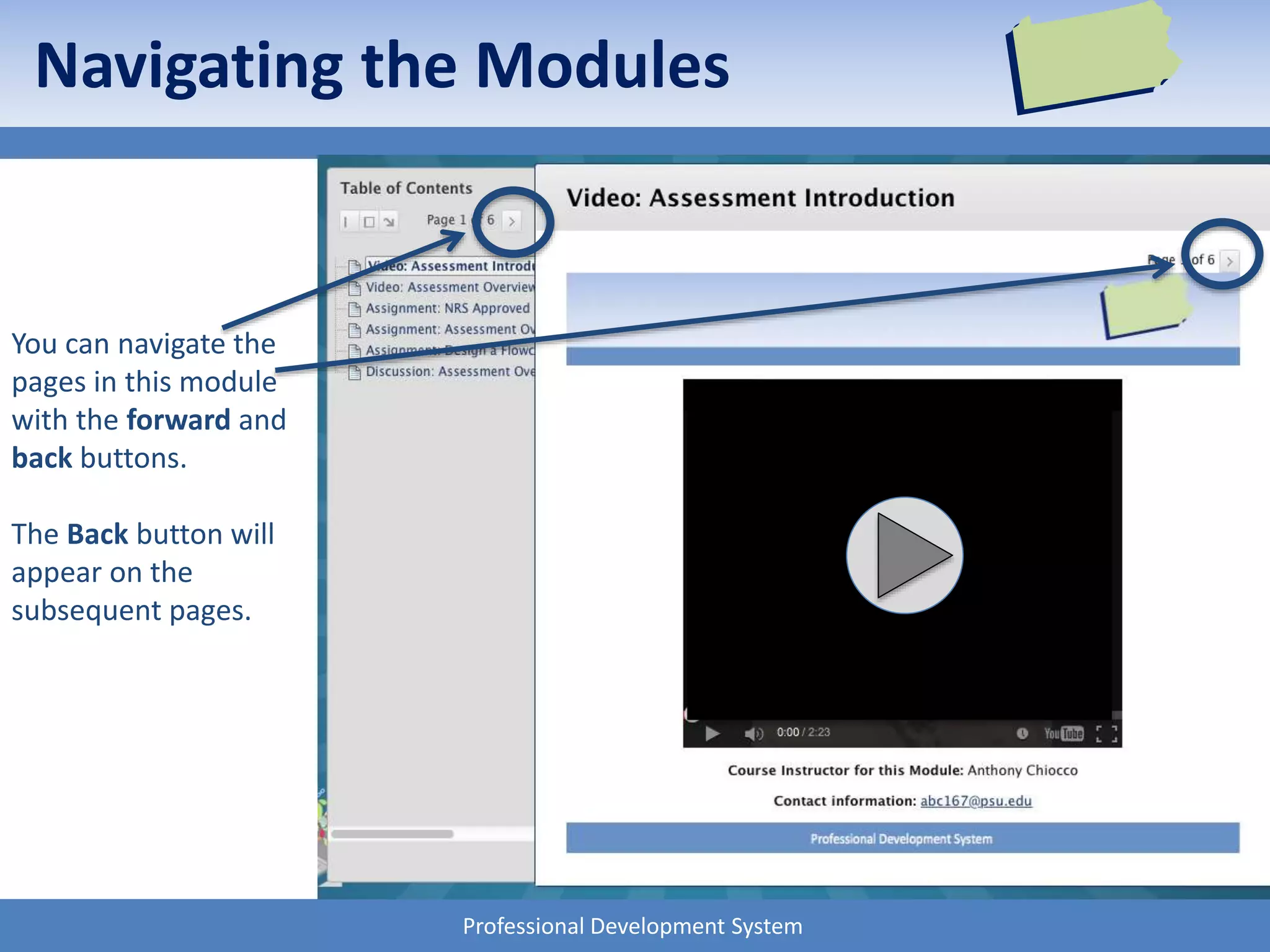 Professional Development System
You can navigate the
pages in this module
with the forward and
back buttons.
The Back button will
appear on the
subsequent pages.
Navigating the Modules
 