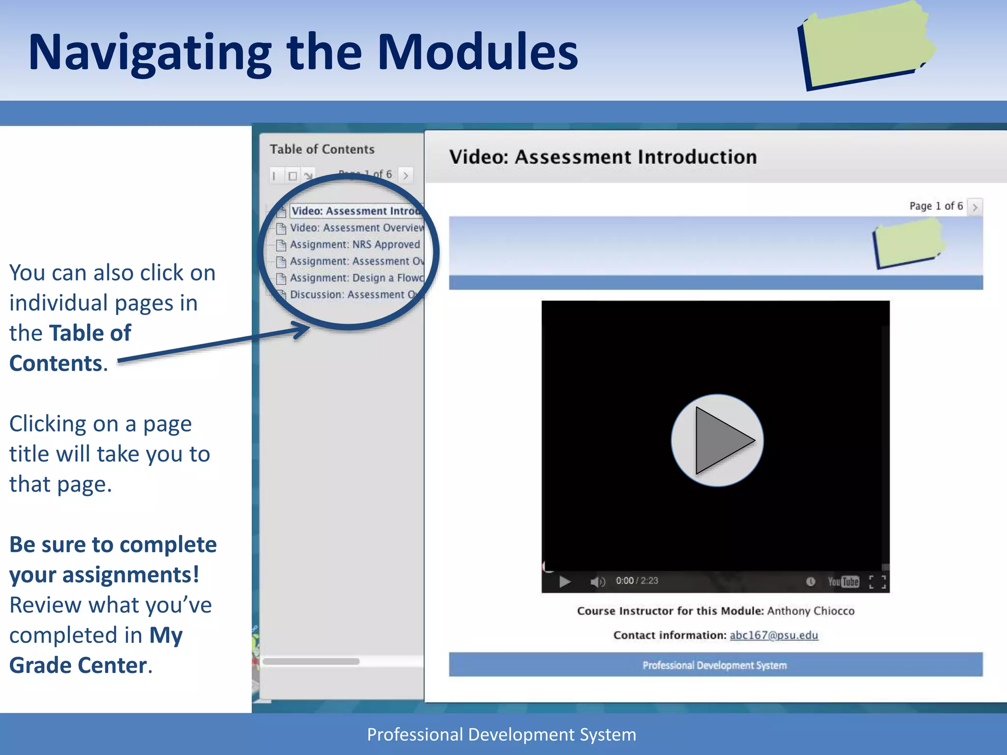 Professional Development System
You can also click on
individual pages in
the Table of
Contents.
Clicking on a page
title will take you to
that page.
Be sure to complete
your assignments!
Review what you’ve
completed in My
Grade Center.
Navigating the Modules
 