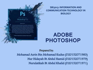 ADOBE
PHOTOSHOP
Prepared by:
Mohamad Azrin Bin Mohamad Kudus (D20152071983)
Nur Hidayah Bt Abdul Hamid (D20152071979)
Nurulatikah Bt Abdul Khalid (D20152071971)
SBI3013: INFORMATION AND
COMMUNICATION TECHNOLOGY IN
BIOLOGY
 