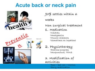 Preventio
n
5
Acute back or neck pain
90% settles within 6
weeks
Non surgical treatment
1. Medication
oNSAIDs
oAnalgaesics...