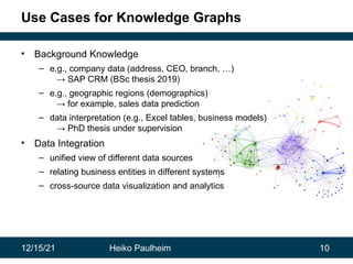 12/15/21 Heiko Paulheim 10
Use Cases for Knowledge Graphs
• Background Knowledge
– e.g., company data (address, CEO, branch, …)
→ SAP CRM (BSc thesis 2019)
– e.g., geographic regions (demographics)
→ for example, sales data prediction
– data interpretation (e.g., Excel tables, business models)
→ PhD thesis under supervision
• Data Integration
– unified view of different data sources
– relating business entities in different systems
– cross-source data visualization and analytics
 