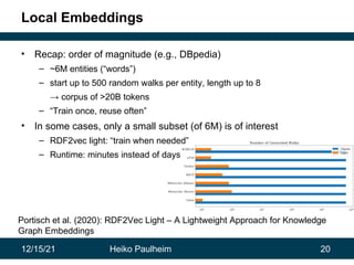 12/15/21 Heiko Paulheim 20
Local Embeddings
• Recap: order of magnitude (e.g., DBpedia)
– ~6M entities (“words”)
– start up to 500 random walks per entity, length up to 8
→ corpus of >20B tokens
– “Train once, reuse often”
• In some cases, only a small subset (of 6M) is of interest
– RDF2vec light: “train when needed”
– Runtime: minutes instead of days
Portisch et al. (2020): RDF2Vec Light – A Lightweight Approach for Knowledge
Graph Embeddings
 