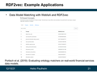 12/15/21 Heiko Paulheim 21
RDF2vec: Example Applications
• Data Model Matching with WebIsA and RDF2vec
Portisch et al. (2019): Evaluating ontology matchers on real-world financial services
data models.
 