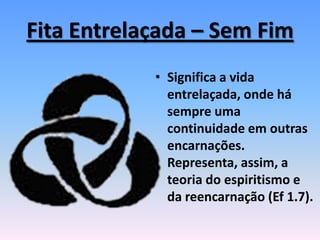 Fita Entrelaçada – Sem Fim
• Significa a vida
entrelaçada, onde há
sempre uma
continuidade em outras
encarnações.
Representa, assim, a
teoria do espiritismo e
da reencarnação (Ef 1.7).
 