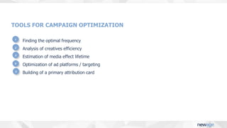 TOOLS FOR CAMPAIGN OPTIMIZATION
● Finding the optimal frequency
● Analysis of creatives efficiency
● Estimation of media effect lifetime
● Optimization of ad platforms / targeting
● Building of a primary attribution card
1
2
3
4
5
 