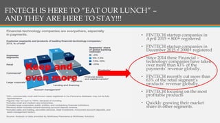 • FINTECH startup companies in
April 2015 = 800+ registered
• FINTECH startup companies in
December 2015 = 2000+ registered
• Since 2014 these Financial –
technology companies have taken
over more than 43% of the
payments’ revenue globally.
• FINTECH recently cut more than
63% of the retail segment’s
products’ revenue globally.
• FINTECH focusing on the most
profitable products
• Quickly growing their market
share in other segments.
FINTECH IS HERE TO “EAT OUR LUNCH” –
AND THEY ARE HERE TO STAY!!!
Keep and
even more
 