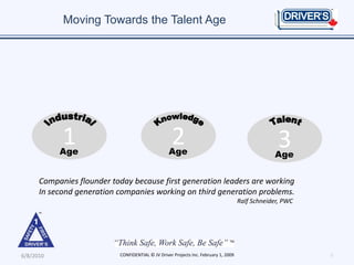 Moving Towards the Talent Age




            1
           Age
                                                   2
                                                  Age
                                                                                                  3
                                                                                                 Age

      Companies flounder today because first generation leaders are working
      In second generation companies working on third generation problems.
                                                                                     Ralf Schneider, PWC




6/8/2010                   CONFIDENTIAL © JV Driver Projects Inc. February 1, 2009                         3
 
