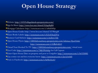 Open House Strategy
Website:

http://10319villagelakedr.epropertysites.com/
Sign In Sheet: http://www.box.net/shared/b2qq4lq8l4
Mortgage Calculator: http://screencast.com/t/n8sK8iibp
Open House Guide: http://www.box.net/shared/527f8axgi8
Water Bottle Labels: http://screencast.com/t/EZxESeeJ2Vw
Business Card Stickers: http://screencast.com/t/ch2b1s7ZIi
Open House Flyers: http://18002silverashway.epropertysites.com/mlsmax/flyer5.htm

http://screencast.com/t/LfReGdLO
Virtual Tour Hooked To TV: http://18002silverashway.epropertysites.com/ virtual tours
Text Code: http://screencast.com/t/7MjCPlt5cKp for Call Capture
Enter Open House Date on property and post to Craigslist: http://screencast.com/t/fwY5H8l1
Guy comes out and lets everyone know: http://screencast.com/t/Jzy1j1whH
Posts to Facebook: http://screencast.com/t/SeWn5xoO

 
