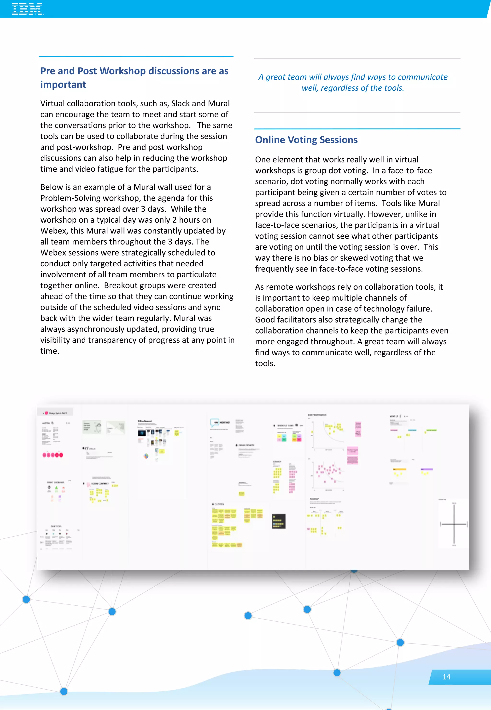 Online Voting Sessions
One element that works really well in virtual
workshops is group dot voting. In a face-to-face
scenario, dot voting normally works with each
participant being given a certain number of votes to
spread across a number of items. Tools like Mural
provide this function virtually. However, unlike in
face-to-face scenarios, the participants in a virtual
voting session cannot see what other participants
are voting on until the voting session is over. This
way there is no bias or skewed voting that we
frequently see in face-to-face voting sessions.
As remote workshops rely on collaboration tools, it
is important to keep multiple channels of
collaboration open in case of technology failure.
Good facilitators also strategically change the
collaboration channels to keep the participants even
more engaged throughout. A great team will always
find ways to communicate well, regardless of the
tools.
Pre and Post Workshop discussions are as
important
Virtual collaboration tools, such as, Slack and Mural
can encourage the team to meet and start some of
the conversations prior to the workshop. The same
tools can be used to collaborate during the session
and post-workshop. Pre and post workshop
discussions can also help in reducing the workshop
time and video fatigue for the participants.
Below is an example of a Mural wall used for a
Problem-Solving workshop, the agenda for this
workshop was spread over 3 days. While the
workshop on a typical day was only 2 hours on
Webex, this Mural wall was constantly updated by
all team members throughout the 3 days. The
Webex sessions were strategically scheduled to
conduct only targeted activities that needed
involvement of all team members to particulate
together online. Breakout groups were created
ahead of the time so that they can continue working
outside of the scheduled video sessions and sync
back with the wider team regularly. Mural was
always asynchronously updated, providing true
visibility and transparency of progress at any point in
time.
A great team will always find ways to communicate
well, regardless of the tools.
14
 