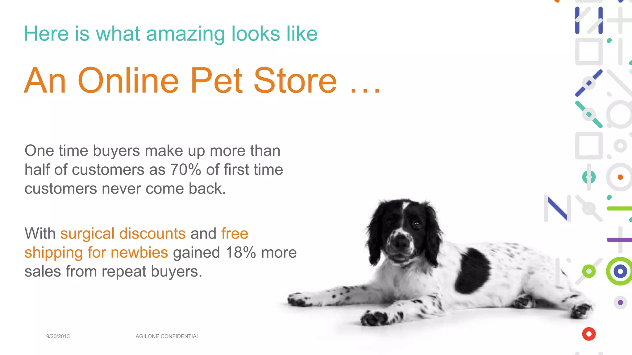 An Online Pet Store …
9/20/2013 AGILONE CONFIDENTIAL
With surgical discounts and free
shipping for newbies gained 18% more
sales from repeat buyers.
One time buyers make up more than
half of customers as 70% of first time
customers never come back.
Here is what amazing looks like
 