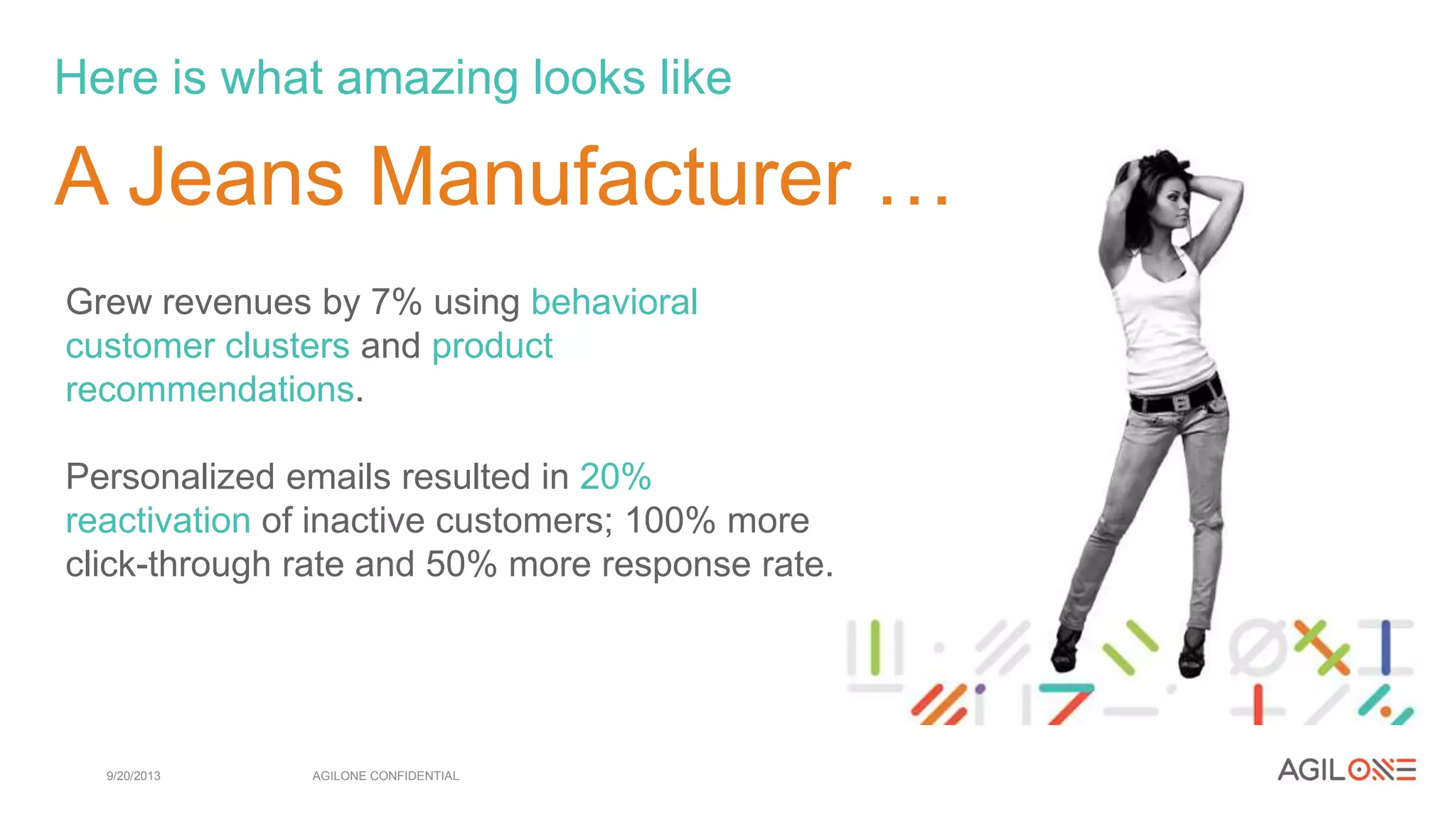 A Jeans Manufacturer …
9/20/2013 AGILONE CONFIDENTIAL
Grew revenues by 7% using behavioral
customer clusters and product
recommendations.
Personalized emails resulted in 20%
reactivation of inactive customers; 100% more
click-through rate and 50% more response rate.
Here is what amazing looks like
 