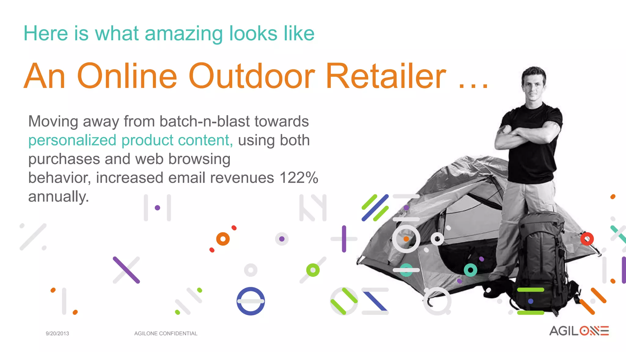 9/20/2013 AGILONE CONFIDENTIAL
An Online Outdoor Retailer …
Moving away from batch-n-blast towards
personalized product content, using both
purchases and web browsing
behavior, increased email revenues 122%
annually.
Here is what amazing looks like
 