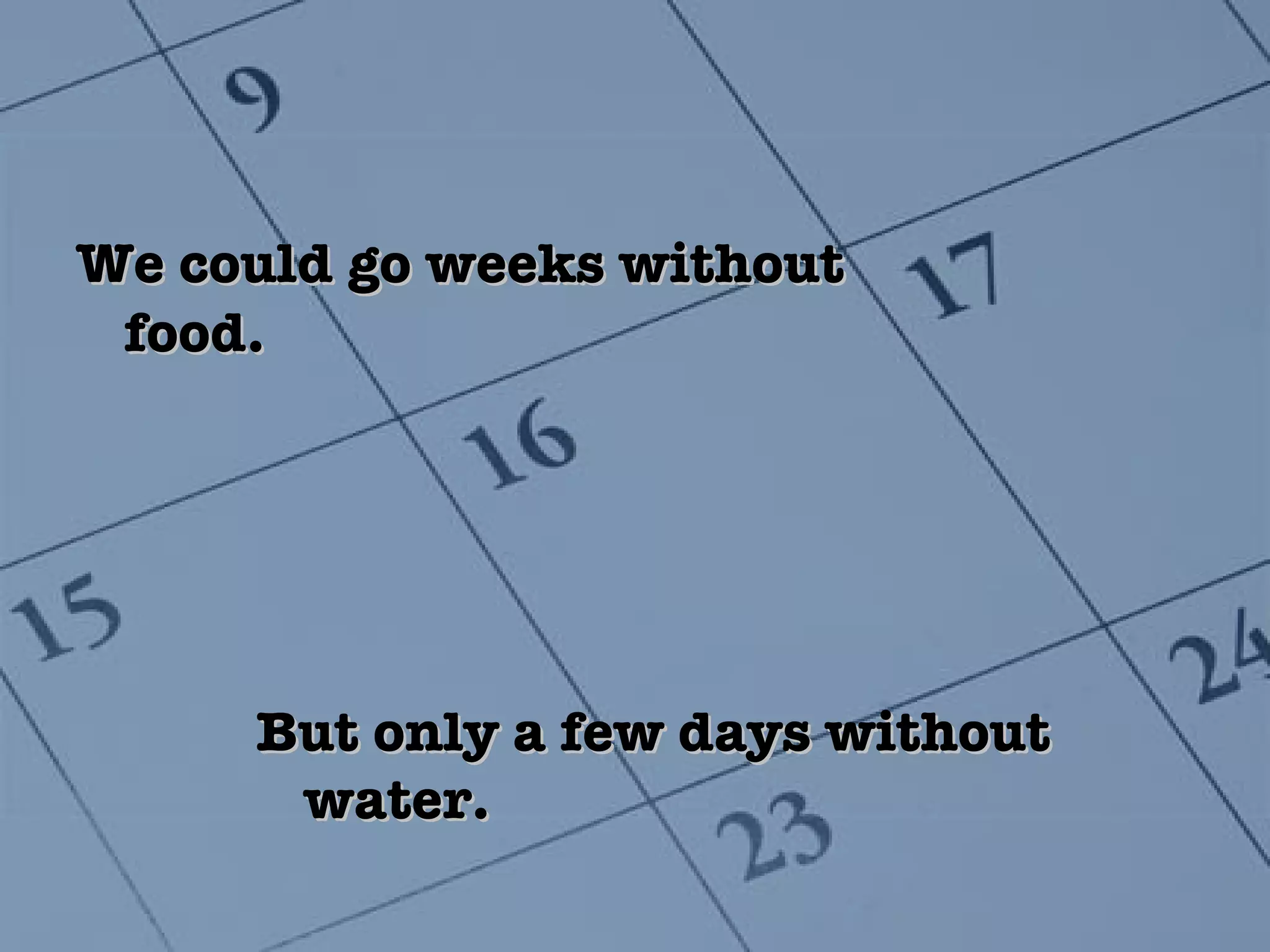 We could go weeks without food. But only a few days without water. 