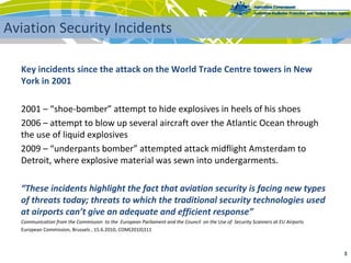Key incidents since the attack on the World Trade Centre towers in New 
York in 2001
2001 – “shoe‐bomber” attempt to hide explosives in heels of his shoes
2006 – attempt to blow up several aircraft over the Atlantic Ocean through 
the use of liquid explosives 
2009 – “underpants bomber” attempted attack midflight Amsterdam to 
Detroit, where explosive material was sewn into undergarments.
“These incidents highlight the fact that aviation security is facing new types 
of threats today; threats to which the traditional security technologies used 
at airports can’t give an adequate and efficient response”
Communication from the Commission  to the  European Parliament and the Council  on the Use of  Security Scanners at EU Airports
European Commission, Brussels , 15.6.2010, COM(2010)311 
Aviation Security Incidents
3 
 