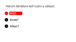 Három kérdésre kell tudni a választ
1.
2.
3.
Mit?
Kinek?
Mikor?
 