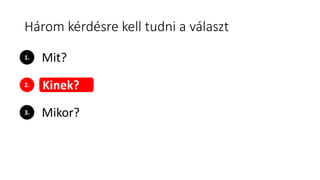 Három kérdésre kell tudni a választ
1.
2.
3.
Kinek?
Mikor?
Mit?
 