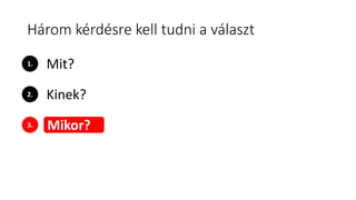 Három kérdésre kell tudni a választ
1.
2.
3. Mikor?
Mit?
Kinek?
 