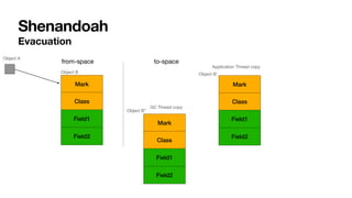 Shenandoah
Mark
Class
Field1
Field2
Evacuation
Mark
Class
Field1
Field2
from-space to-space
Mark
Class
Field1
Field2
GC Thread copy
Application Thread copy
Object A
Object B
Object B’’
Object B’
 