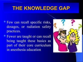 THE KNOWLEDGE GAP
THE KNOWLEDGE GAP
Few can recall specific risks,
dosages, or radiation safety
practices.
Fewer are taught or can recall
being taught these basics as
part of their core curriculum
in anesthesia education
 