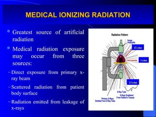 MEDICAL IONIZING RADIATION
MEDICAL IONIZING RADIATION
 Greatest source of artificial
radiation
 Medical radiation exposure
may occur from three
sources:
– Direct exposure from primary x-
ray beam
– Scattered radiation from patient
body surface
– Radiation emitted from leakage of
x-rays
 