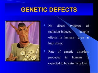 GENETIC DEFECTS
GENETIC DEFECTS
 No direct evidence of
radiation-induced genetic
effects in humans, even at
high doses.
 Rate of genetic disorders
produced in humans is
expected to be extremely low
 